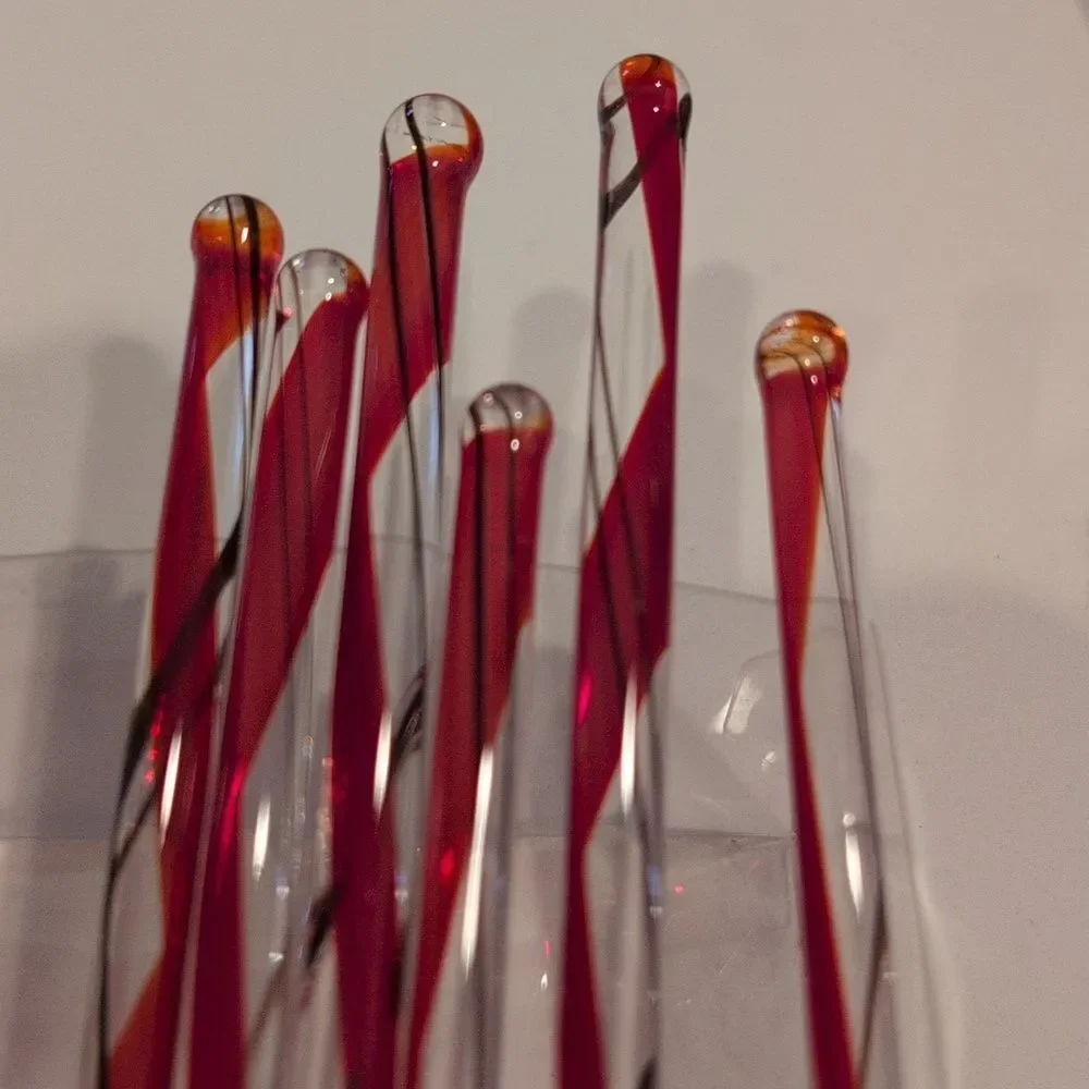Williams Sonoma Red Swirl Peppermint Glass Stir Sticks Vintage Set Of 6